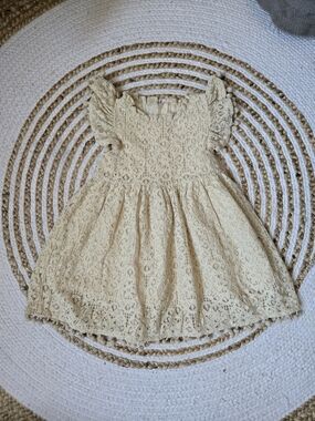 Cream Lace Flutter-Sleeve Girls Dress with Crochet Detail and Pompoms